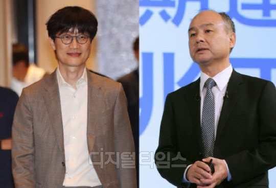 일본 야후재팬이 네이버 일본 자회사 라인과의 경영 통합을 추진하고 있다. 사진은 손정의 소프트뱅크회장(오른쪽)과 이해진 네이버 글로벌투자책임자.디지털타임스 DB.